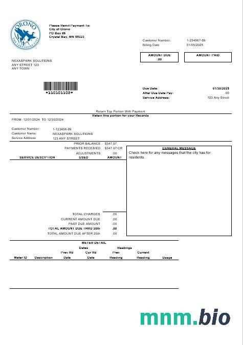 USA Nevada Orono The Lakehore City rachunek za usługi komunalne szablon w formacie Word i PDF